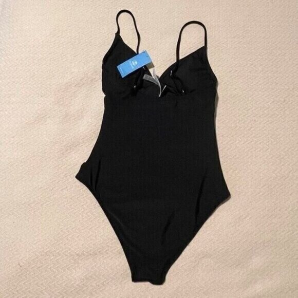 Cupshe Women 1 Piece Swimsuit Medium Black V-Neckline Ruched Details Highcut Leg - Picture 5 of 10